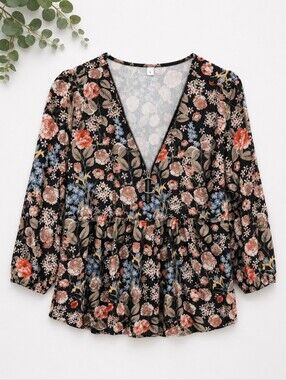Floral V-Neck Peplum Blouse in Black with Pink & Blue Flowers